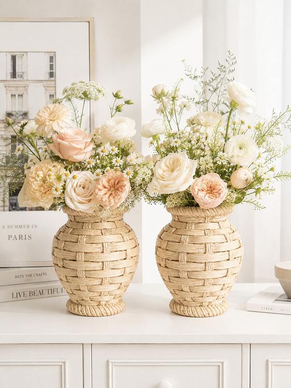 1pc Ins Style Imitation Rattan Woven Resin Vase, Vintage Farmhouse Textured Flower Vase, Boho Aesthetic Table Floral Container For Home Living Room Decor Gift