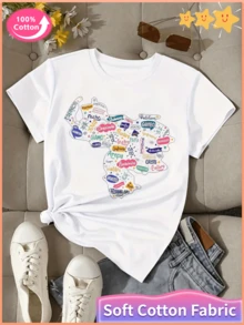 Casual Printed Women's T-Shirt, Multi-Language Text Design, Suitable For Daily Wear In Summer, A Gift For Friends,  Mujer, Choni, Frenchy Mujer, - 白色 - 查看 1