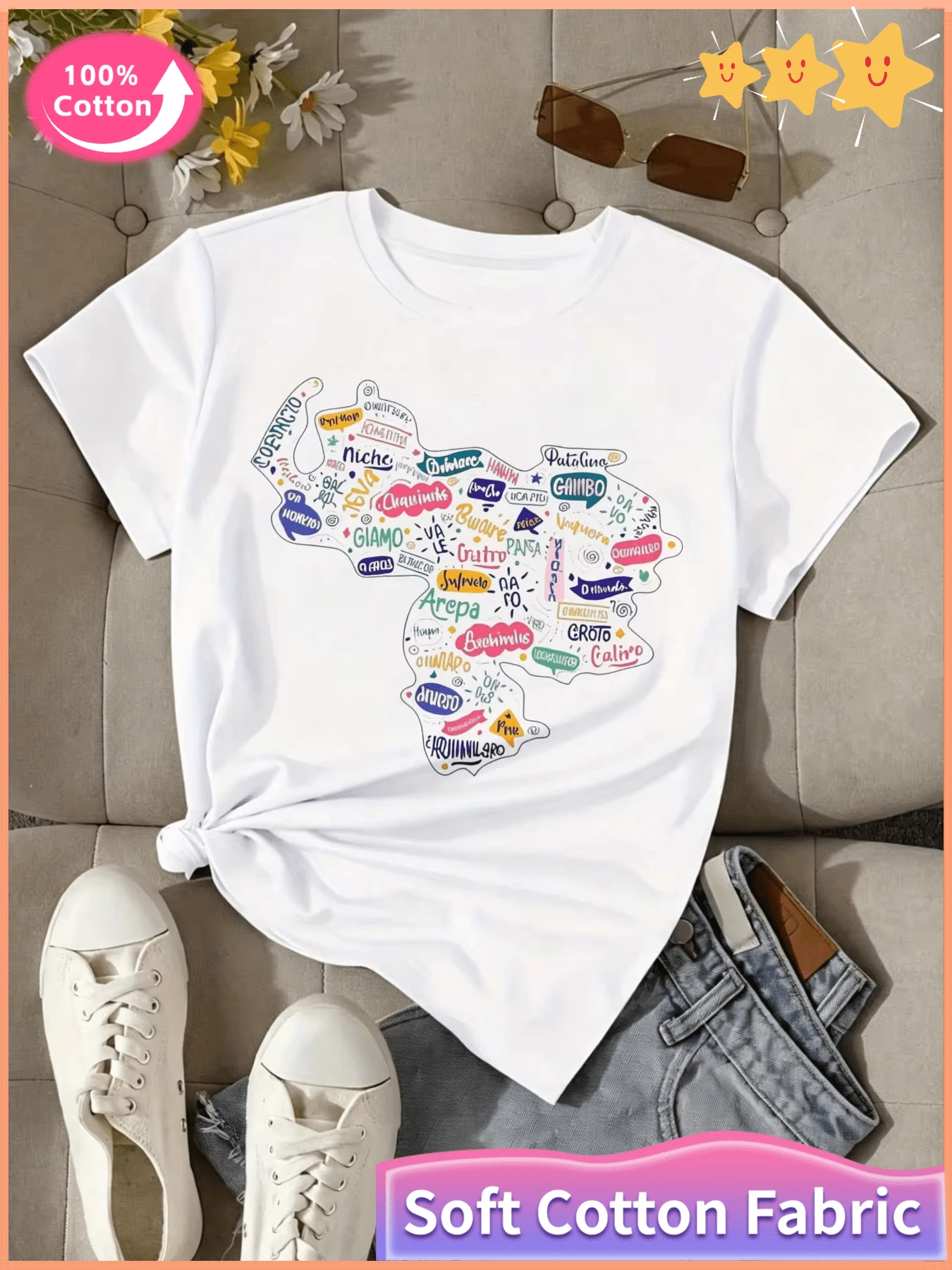 Casual Printed Women's T-Shirt, Multi-Language Text Design, Suitable For Daily Wear In Summer, A Gift For Friends, Mujer, Choni, Frenchy Mujer, - 白色 - 查看 1