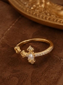 1pc Gothic Personalized Iris Flower & Cross Element Design Ring, Fashionable Personalized Jewelry Gift Suitable For Daily Wear, Perfect Party & Holiday Gift, Women's Casual Vacation Outfit Accessory, Versatile Halloween - Multicolor - View 2