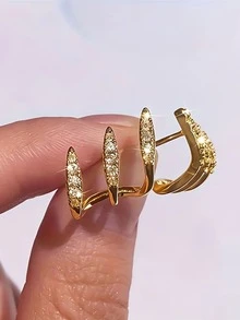 1 Pair Gold Triple Ring Stud Earrings, Textured Shiny Claw Illusion Layered Design, Minimalist Punk Exquisite Personalized Piercing Jewelry, Suitable For Women's Daily Wear And Party - Gold - View 3