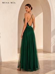Dark Green Sequin Tulle Slit Maxi Evening Dress - 綠色 - 查看 4