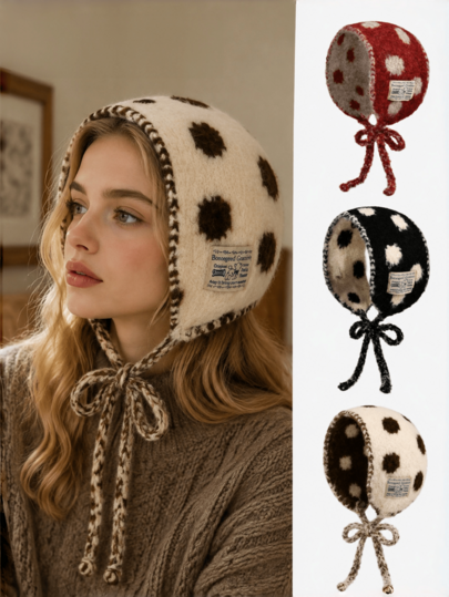 1pc Knitted Earband Dopamine Polka Dot Knitted Ear Warmer Headband Scarf 2-In-1 Women's Autumn/Winter Slouchy Versatile Face-Slimming Hat Earband