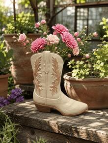 Vintage Western Cowboy Boot Resin Vase, Cream Embossed Boot-Shaped Flower Pot, Bohemian Farmhouse Dining Table Decor, Dried Flower Arrangement Container, Home Wedding Decoration - B - View 9