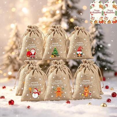 56/62/74 pièces Sacs cadeaux à cordon de Noël (avec étiquettes) - Sacs cadeaux en lin réutilisables avec motifs de rennes et de sapins de Noël, sacs de Noël en toile de jute pour les fêtes de fin d'année et l'emballage de cadeaux
