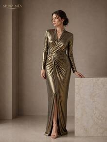 Gold Metallic Ruched Maxi Dress Women Long Sleeve Deep V Neck Draped Evening Dress Bodycon Formal Gown - 金色 - 查看 5