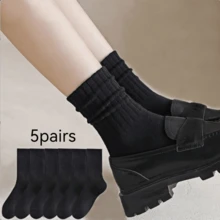 5 Pairs Pure Black Mid-Calf Socks, One Size 35-43, Couple Socks - Black - View 10