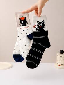 4Pairs Autumn New Minimalist Sweet Design Cartoon Cat Heel Follow Versatile Highly Attractive Mid-Calf Socks - Multicolor - View 4