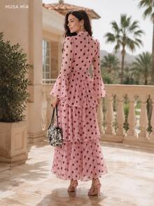 Pink Polka Dot Chiffon Maxi Dress, High Neck Bow Detail Long Sleeve Tiered Ruffle Dress For Women - 粉色 - 查看 4