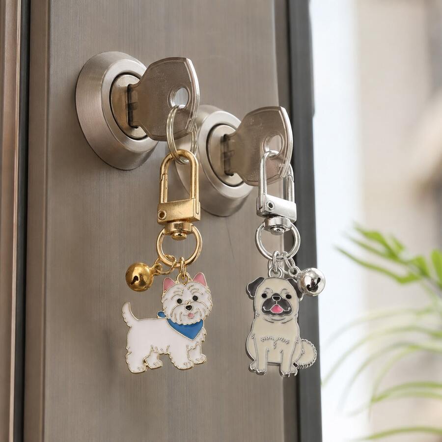 1/2pcs Enamel Dog Keychain With Bell & Swivel Clasp, 2 Styles, Cute Bag Charm For Keys, Handbags, Backpacks And Pet Lover Gifts - Black and White - View 1