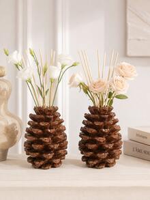 1 buah Vas Resin Kerucut Pinus Gaya Cottagecore, Vas Bunga & Diffuser Reed 2-in-1, Wadah Dekorasi Tekstur Cokelat Vintage untuk Kamar Tidur, Kamar Mandi, Ruang Tamu, Dekorasi Rumah, Hadiah - Botol diffuser berbentuk kerucut pinus - View 4