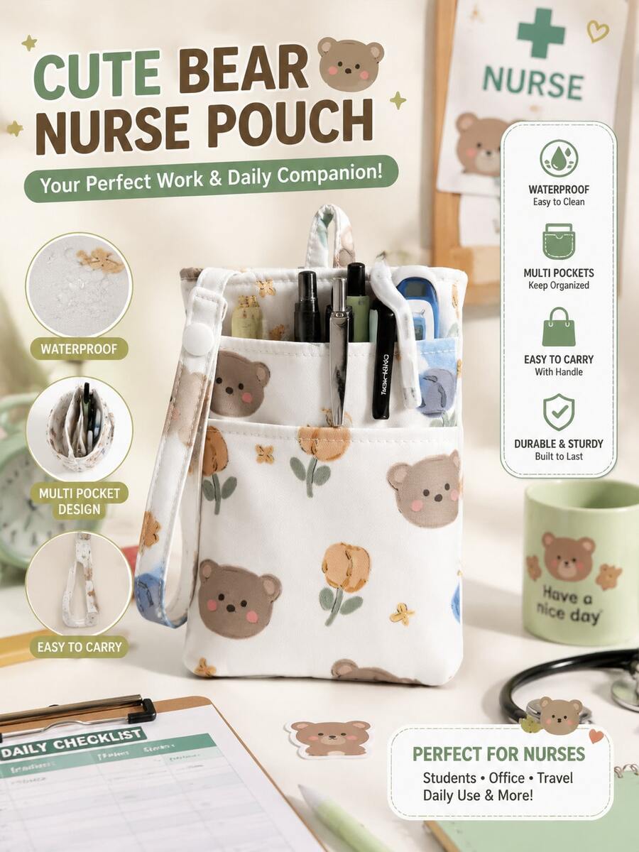 Tempat Pena Perawat Bergambar Beruang Lucu, Tas Penyimpanan Multi-Saku Tahan Air, Organizer Perlengkapan Medis Portabel dengan Pegangan, Cocok untuk Perawat, Kantor, dan Penggunaan Sehari-hari - Satu ukuran cocok untuk semua. - View 1