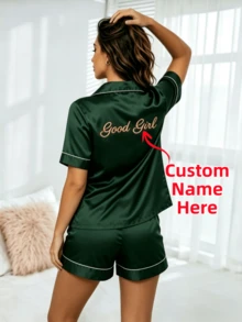 Custom Embroidered Name Satin Short Sleeve Pajama Set, Personalized Letter Short Sleeve Top + Shorts With Piping Trim, Bridesmaid Gift - Multicolor - View 2