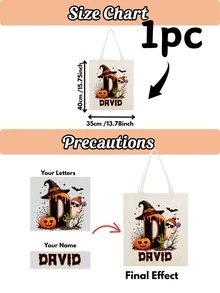 Personalized Halloween Candy Tote Bag, Customizable Name Pumpkin Ghost Witch Printed Tote Bag, Customized Commemorative Gifts For Family And Friends - Multicolor - View 11
