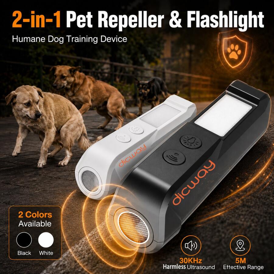 Dicway Ultrasonic Dog Repellent With LED Flashlight, 2-In-1 Humane Rechargeable Pet Anti-Barking Training Device, Portable Protection Tool For Dog Walking And Jogging - Multicolor - View 1