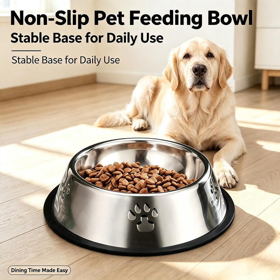 1pc Stainless Steel Pet Bowl, Non-Slip Rubber Bottom Pet Feeding Bowl, Paw Print Pattern Dog Cat Food Water Bowl - Multicolor - View 1
