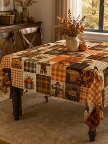 Autumn Pumpkin Scarecrow Patchwork Tablecloth, Halloween Home Decor, Fall Tablecloth Thanksgiving Dining Table Decor, Rustic Farmhouse Decor Country Style Printed Tablecloth, Vintage Plaid Pumpkin Pattern Rectangular Tablecloth, Kitchen Dining Room Tabletop Decoration - Multicolor - View 10