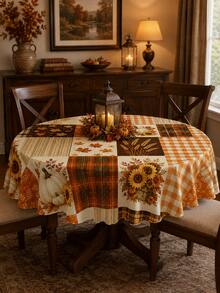 Autumn Pumpkin Sunflower Patchwork Print Tablecloth, Fall Home Decor, Thanksgiving Tablecloth, Rustic Farmhouse Style Tabletop Decoration, Vintage Plaid Leaf Wheat Pattern Tablecloth, Kitchen Dining Room Holiday Party Protective Decorative Table Mat - Multicolor - View 10