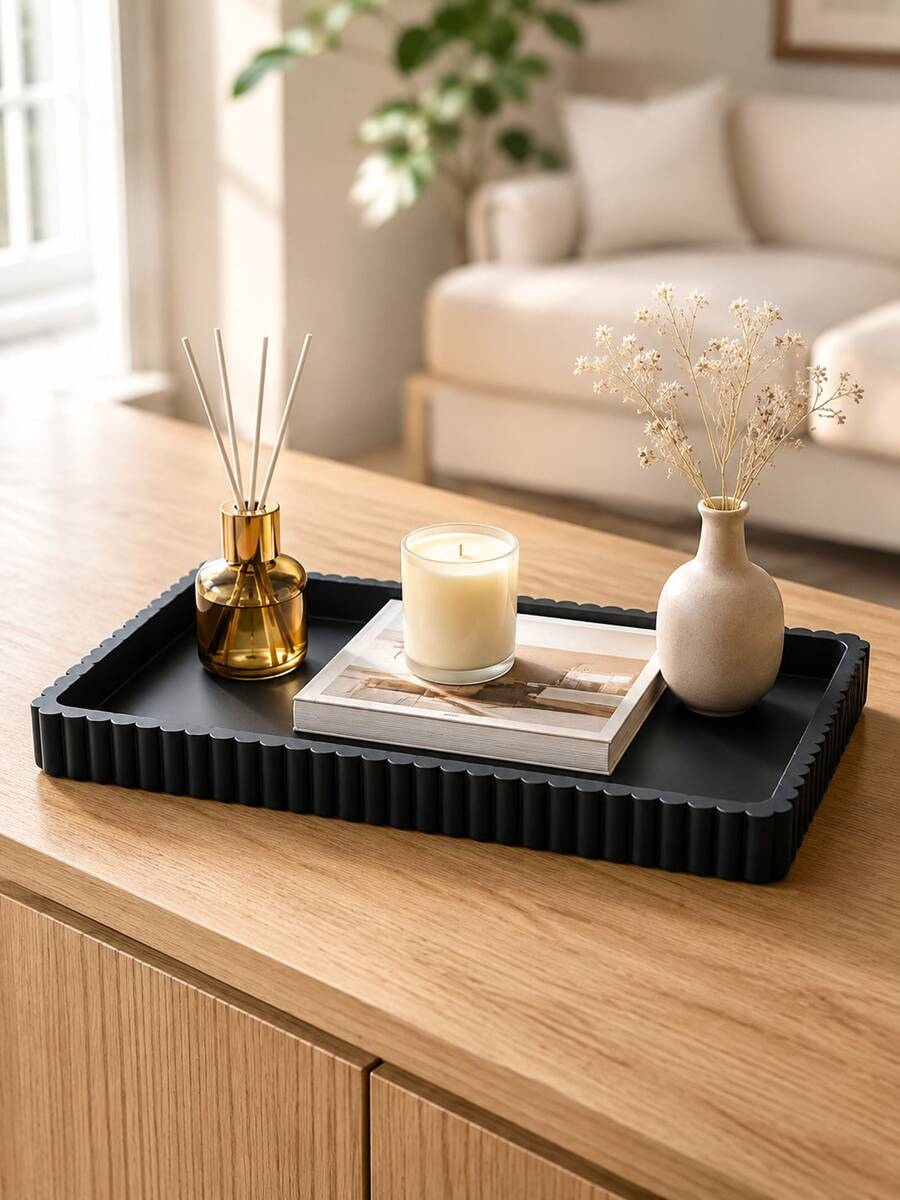 1pc Black Rectangular Storage Tray, Minimalist Ribbed Edge Vanity Organizer, Decorative Desktop Storage Rack, Suitable For Candles, Fragrance, Jewelry, Aromatherapy Diffuser And Home Decor, Bathroom, Vanity Storage, Room Decor, Jewelry Storage, Women's Gift - Multiple Styles - View 1