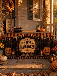 1件黑色桌布，印有Happy Halloween標誌、橘色三角旗與南瓜圖案，秋季派對聚酯纖維荷葉邊桌布，餐廳家庭節日裝飾 - 彩色 - 查看 5