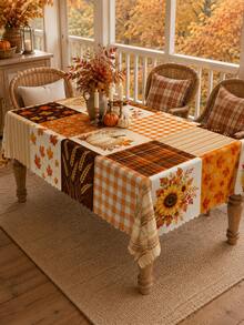 Autumn Pumpkin Sunflower Patchwork Print Tablecloth, Fall Home Decor, Thanksgiving Tablecloth, Rustic Farmhouse Style Tabletop Decoration, Vintage Plaid Leaf Wheat Pattern Tablecloth, Kitchen Dining Room Holiday Party Protective Decorative Table Mat - Multicolor - View 2