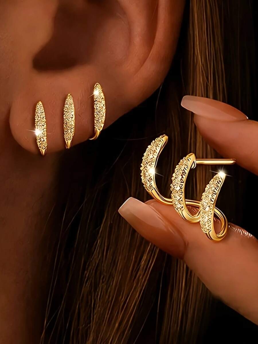 1 Pair Gold Triple Ring Stud Earrings, Textured Shiny Claw Illusion Layered Design, Minimalist Punk Exquisite Personalized Piercing Jewelry, Suitable For Women's Daily Wear And Party - Gold - View 1