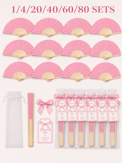 1/4/20/40/60/80 peças Conjunto de Leques de Mão Dobráveis de Bambu Rosa com Bolsa de Presente de Organza, Laço de Cetim e Etiqueta de Agradecimento, Leque de Mão para Convidados de Casamento, Lembrancinha para Convidados de Casamento, Presente de Retorno de Chá de Panela, Presente para Madrinha, Presente para Noiva, Decoração de Casamento de Outono