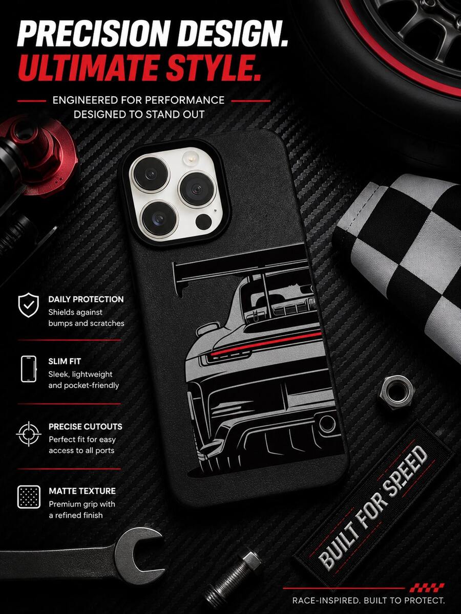 1 buah Casing Ponsel Spoiler Balap Keren, Kompatibel dengan iPhone 17 16 15 14 13 12 11 Pro Max, Warna Solid, Cetakan Garis Merah Lampu Belakang Mobil Sport, Casing Ponsel TPU Tekstur Matte Hitam Tahan Guncangan - Hitam - View 1