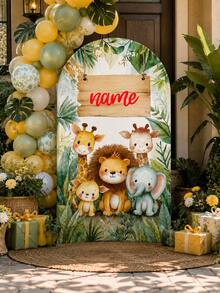 Customizable Multi-Size Jungle Animal Square Birthday Backdrop Arch Stand, Personalized Name And Text, Fresh Green Leaf Cartoon Animal Pattern, Suitable For Baby Boy First Birthday Party, Little Boy Theme Birthday Party Decoration, Floor-Standing Arch Stand Easy To Install, Can Be Used In Home Yard, Hotel Indoor Scenes, Soft Visuals For Great Photos, Creating A Cute And Healing Jungle Theme Birthday Atmosphere - Multicolor - View 9