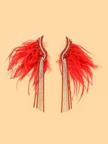 outingfit 1 Pair New Red Feather Tassel Earrings, Exaggerated High-End Rhinestone Ear Cuff, Unique Accessory - Gold - View 2