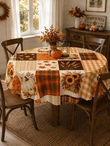 Autumn Pumpkin Sunflower Patchwork Print Tablecloth, Fall Home Decor, Thanksgiving Tablecloth, Rustic Farmhouse Style Tabletop Decoration, Vintage Plaid Leaf Wheat Pattern Tablecloth, Kitchen Dining Room Holiday Party Protective Decorative Table Mat - Multicolor - View 14
