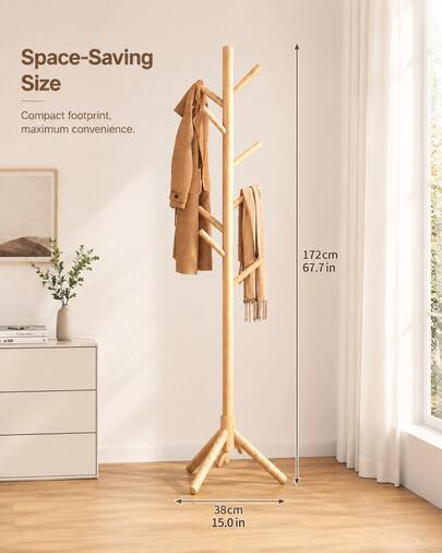 1pc Solid Wood Coat Rack, 67.7in Freestanding Tree-Branch Coat Tree With Multiple Hooks & Stable 3-Leg Base, Space-Saving Hanger Stand For Coats, Hats, Bags, Scarves, Entryway, Bedroom & Office