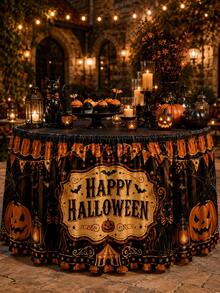 1件黑色桌布，印有Happy Halloween標誌、橘色三角旗與南瓜圖案，秋季派對聚酯纖維荷葉邊桌布，餐廳家庭節日裝飾 - 彩色 - 查看 9