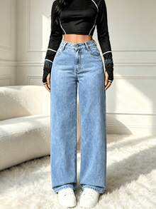 Pantalones vaqueros elásticos de talle alto para mujer - Vaqueros azules con lavado vintage, cierre de botones, bolsillos, aptos para todas las estaciones, talle alto - Lavado ligero - Ver 1