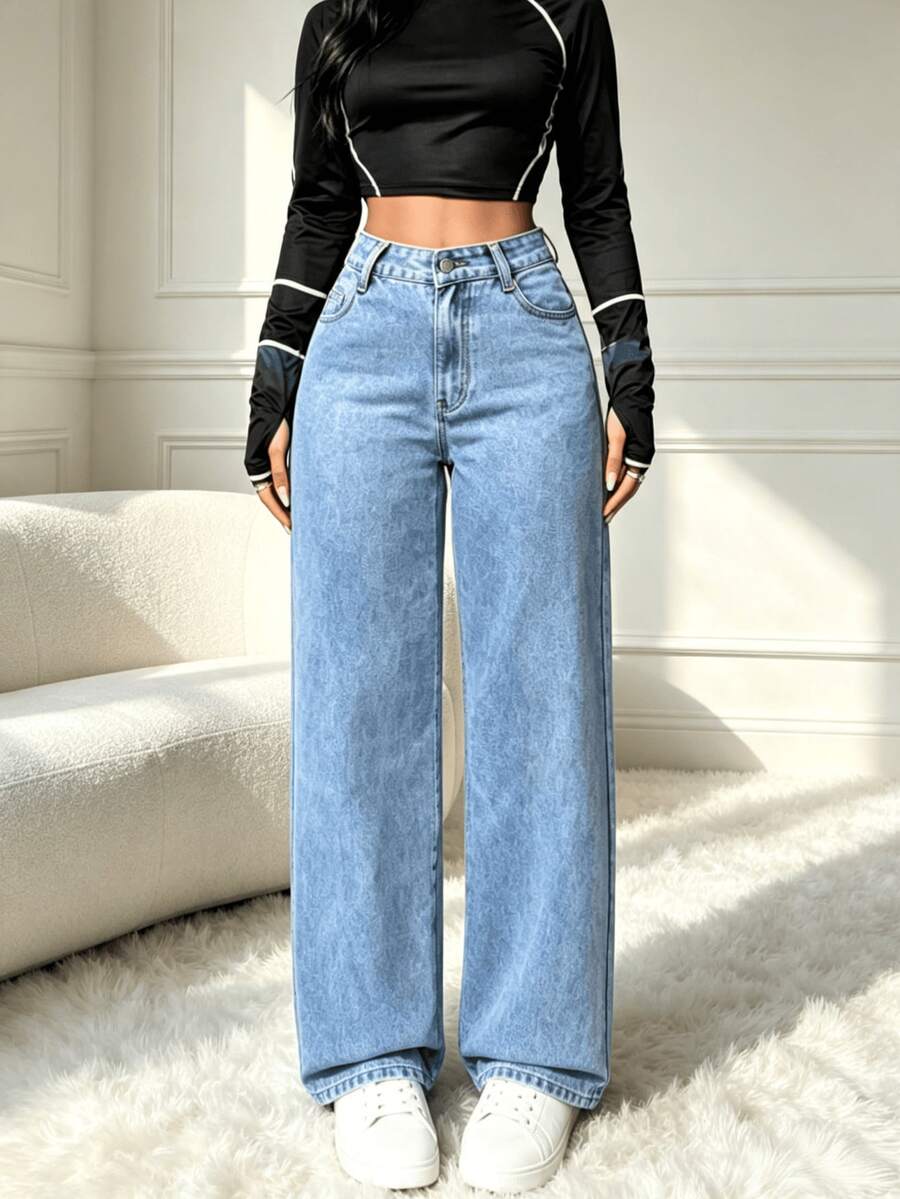 Pantalones vaqueros elásticos de talle alto para mujer - Vaqueros azules con lavado vintage, cierre de botones, bolsillos, aptos para todas las estaciones, talle alto - Lavado ligero - Ver 1