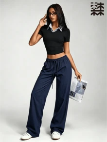mulinsen Women's Loose Wide Leg Sweatpants, Lightweight Textured Fabric With Elastic Drawstring Waist, Suitable For Gym, Jogging, Daily Wear And Home - Navy Blue - View 5