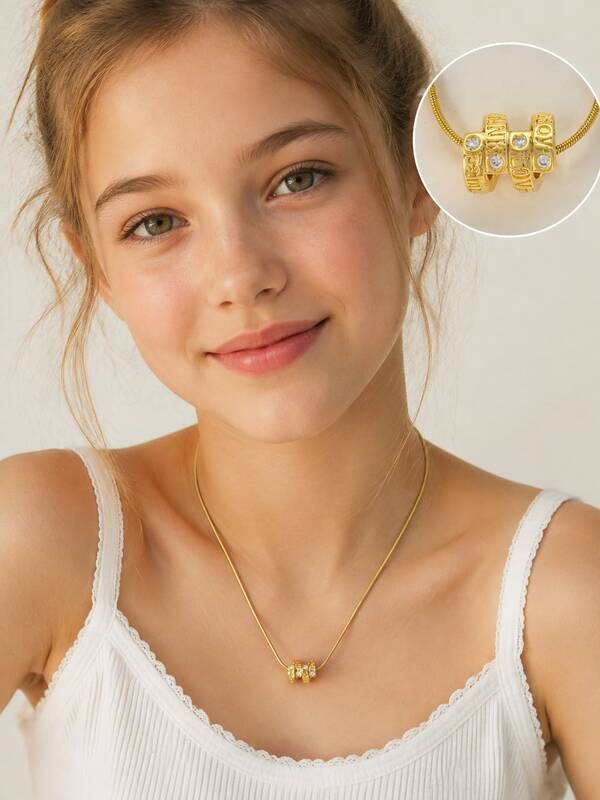 1pc Gold Tone Letter Bead Snake Chain Necklace Rhinestone Charm Pendant Stylish Hip Hop Jewelry For Boys Girls Daily Wear Party Street Style
