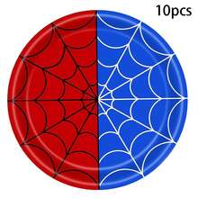 10pcs/20pcs/50pcs/80pcs Halloween Spiderweb-Themed Party Tableware Featuring Red And Blue Spiderweb Patterns; Includes Disposable Paper Plates, Napkins, And Cups Suitable For Halloween And Birthday Party Decorations. - Multicolor - View 9