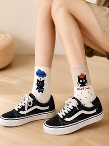 4Pairs Autumn New Minimalist Sweet Design Cartoon Cat Heel Follow Versatile Highly Attractive Mid-Calf Socks - Multicolor - View 5