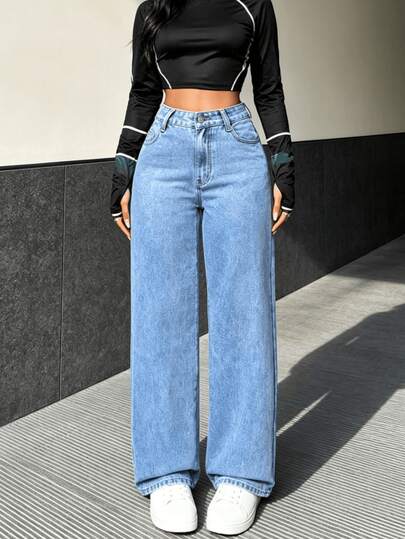 Pantalones vaqueros casuales de mezclilla para mujer, diseño de pierna recta, tejido elástico, bolsillos con botones, cierre de cremallera.