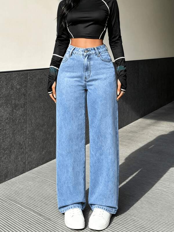 Pantalones vaqueros casuales de mezclilla para mujer, diseño de pierna recta, tejido elástico, bolsillos con botones, cierre de cremallera.