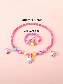 5pcs/Set Perhiasan Manik-Manik Unicorn Anak-Anak Kalung Gelang Jepit Telinga Cincin Aksesoris Kartun Lucu untuk Anak Perempuan - Satu-Ukuran - View 3