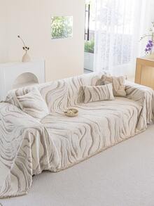 1pc Minimalist Neutral Beige Marble Wave Chenille Sofa Throw, With Tassel Edge, Abstract Texture Sofa Cover Blanket, Non-Slip All-Season Universal Sofa Slipcover, Pet-Friendly Machine Washable Furniture Protector, Living Room Home Decor - Khaki - View 11