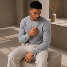 Suéter Masculino Tricô Texturizado Casual Blusa de Frio Masculina Elegante Inverno 2026 - Cinza - Visão 4