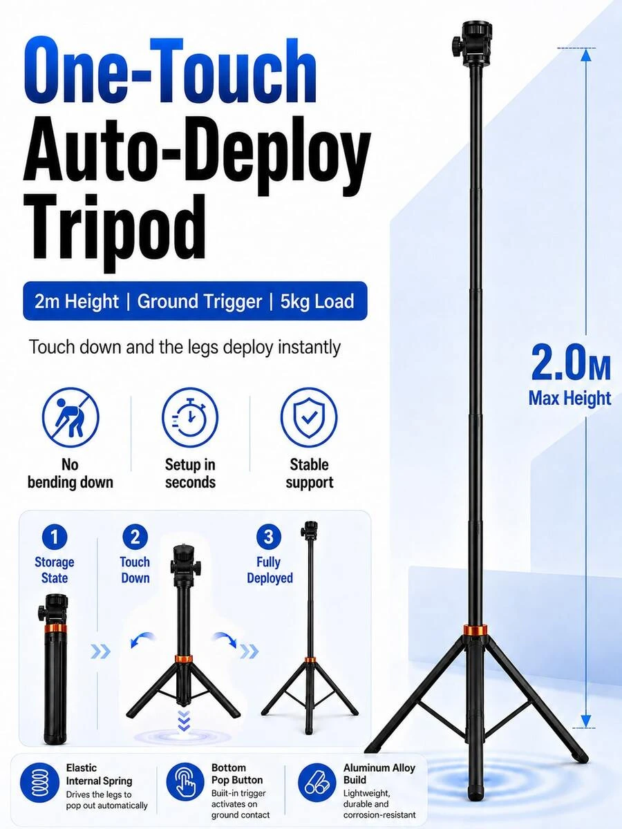 MIAOTU 2m Auto-Deploying Camera Light Stand Tripod, One-Touch Ground Trigger, 5kg Load Capacity, 1/4" Interface, 50cm Wide Base, Suitable For DSLR, Mirrorless Camera, LED Video Light, Ring Light, Photography Studio And Live Streaming