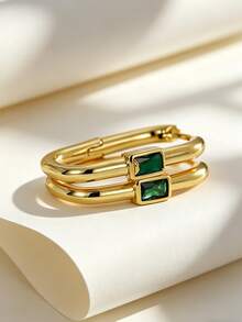 Charm-In Minimal Rectangle Green Emerald Huggie Hoops, Copper 18K Gold Plated U-Shaped Hoop Earrings, Stackable Fashion Ear Accessory For Women - Gold - View 1