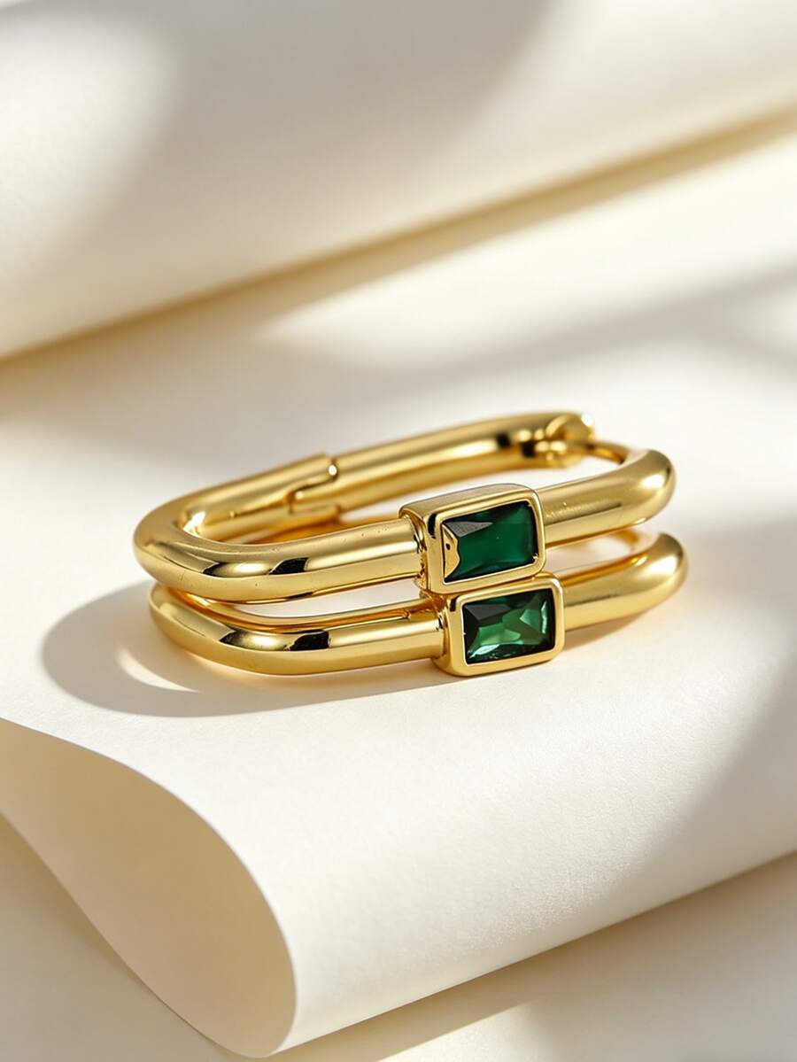 Charm-In Minimal Rectangle Green Emerald Huggie Hoops, Copper 18K Gold Plated U-Shaped Hoop Earrings, Stackable Fashion Ear Accessory For Women - Gold - View 1