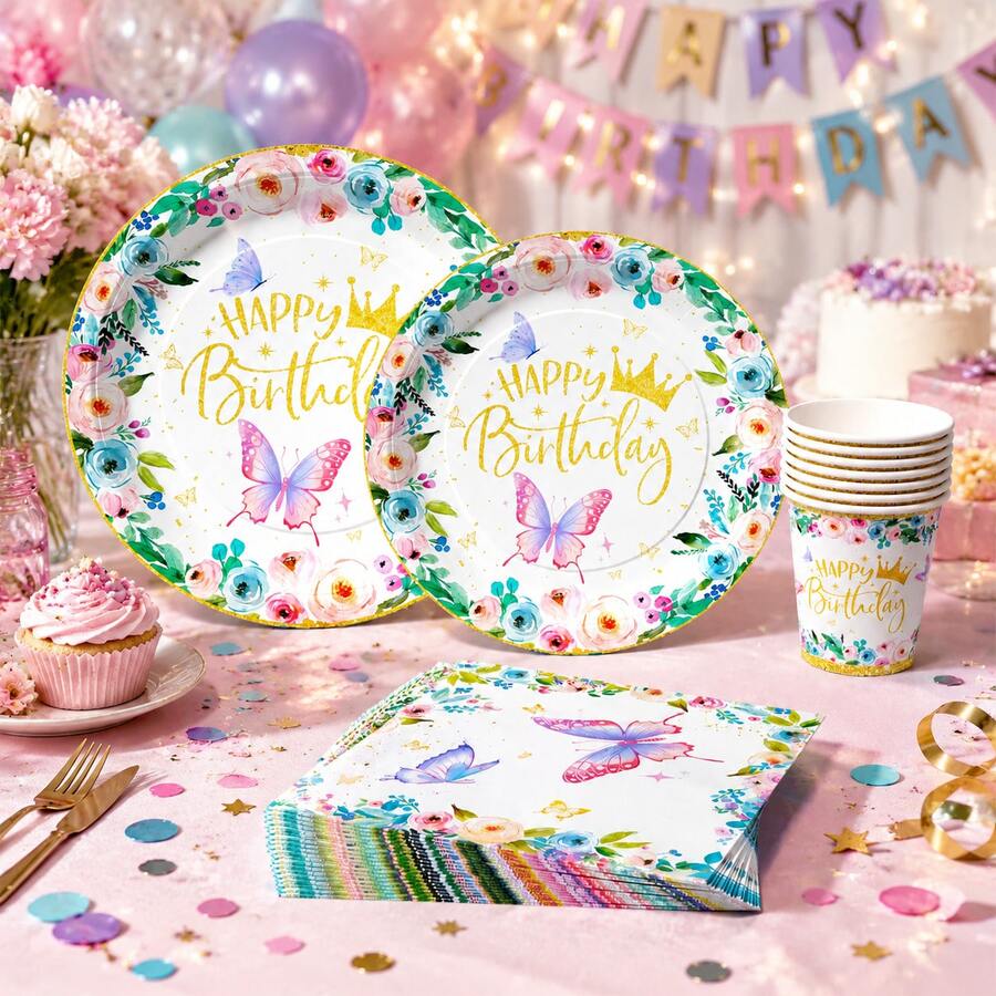 8/25/49 Stücke Schmetterlingskrone Happy Birthday Party Dekorationen, 7"/9" Einweg Party Geschirr, Pappbecher, Party Servietten, Papiermaterial, geeignet für Schmetterling Thema Party Dekoration, Mädchen Party, Geburtstagsfeier, Dessert Thema Geburtstagsfeier, Familientreffen, Geburtstagsfeier Szene Arrangement, Geschenk Party, Baby Shower, Bad, Party Feier - Verschiedenfarbig - Übersicht 1
