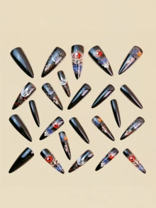 24pcs Halloween Nail Stickers, Eye & Spider Web Pattern Nail Art, Long Water Drop Shape Minimalist Fashion Nail Art, Wearable Nail Accessories, Fake Nails, Y2K Nail Style, Essential Halloween Nail Decoration - Black - View 2
