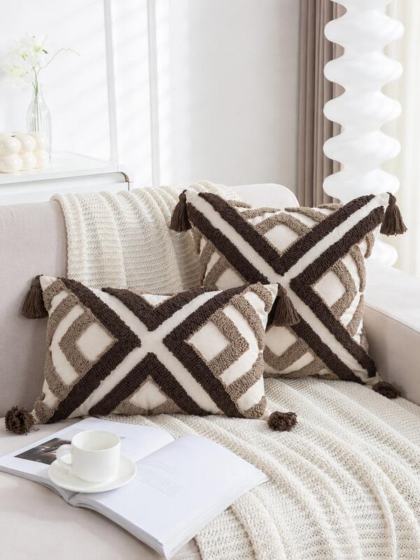 1pc/2pcs Brown & Pink Diamond X Grid Pattern Bohemian Style Tufted Pillowcase, Moroccan Geometric Pattern Pillowcase With Tassel Corner Decor, Hidden Zipper Design, Suitable For All-Season Decoration Of Sofa, Bedroom, Living Room, Outdoor, Garden Party Decoration (Pillow Insert Not Included)